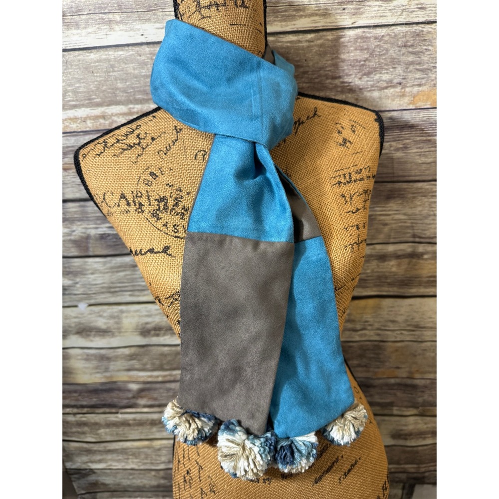 Teal Blue Brown Faux Suede Colorblock Scarf with Multi Color Pom Poms Skinny